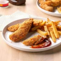 Kid's Crisp Chicken Fingers · Served with french fries.