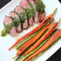 Grilled Flat Iron Steak · Chimichurri sauce, seasonal vegetables.