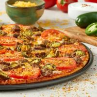 Mariachi Pizza · Choice of ground beef or sliced chicken breast, freshly cut Roma tomatoes and jalapeno peppe...