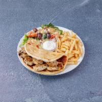 Chicken Souvlaki Platter Special · Served on pita with french fries, Greek salad and tzatziki.