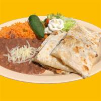 Quesadilla Plate · Choice of protein: asada, carnitas, chicken, chorizo, ground beef, machaca, pastor, or shred...
