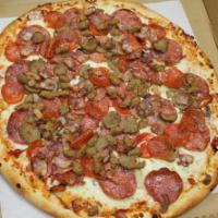 Meat Feast Pizza · Homemade red sauce, Italian wine salami, sweet Italian sausage, sliced meatballs, pepperoni,...
