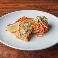 Grilled Salmon · Fresh Antarctic salmon, seared to order, white wine herb compound butter, sweet potato au gr...