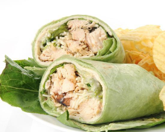 Chicken Caesar Wrap · Gourmet wrap made with grilled chicken, romaine, croutons, parmesan, and Caesar dressing.