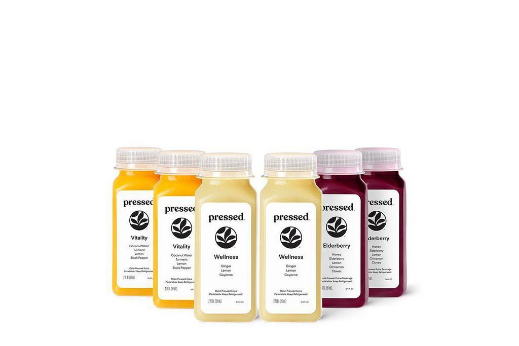 Shot Starter Set · Get Pressed’s best ＆ most popular flavors in this 6-pack of shots. ncludes 2 each of our Wellness Ginger Shot, Vitality Turmeric Shot ＆ Elderberry Shot for 6 shots total!