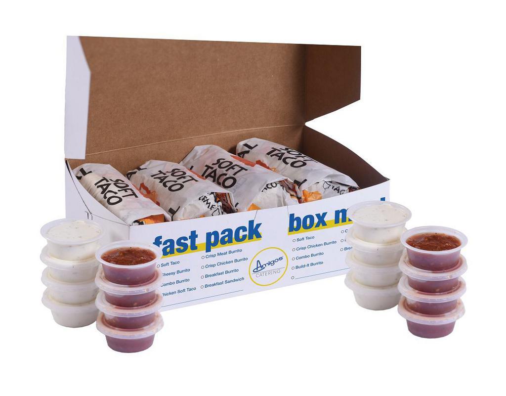 Chicken Soft Tacos Fast Pack · Eight Chicken Soft Tacos with eight sides of Amigos Famous Ranch and eight sides of homemade spicy salsa. Available hot or cold.
