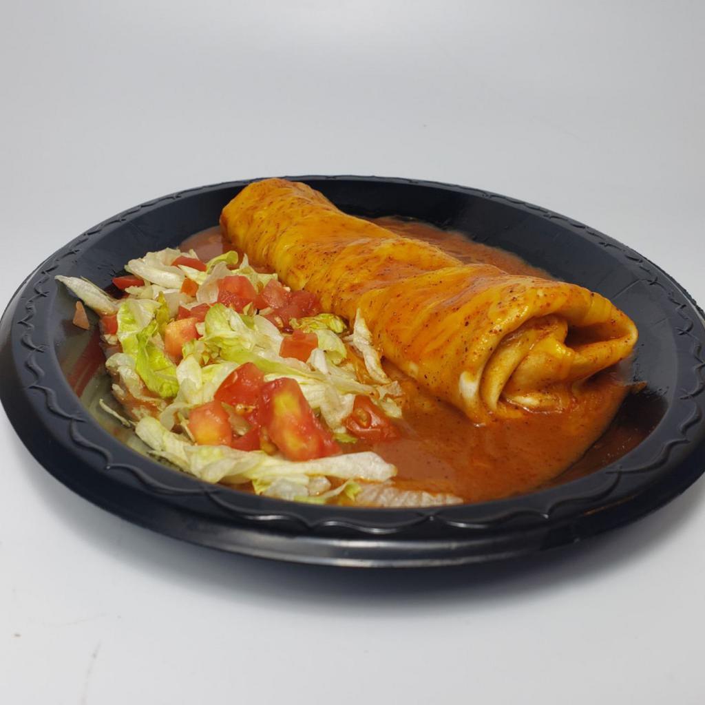 Cheese Enchilada · Monterey Jack cheese and onion rolled in a flour tortilla, smothered with enchilada sauce ＆ cheddar cheese.