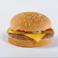 Cheeseburger · An all-beef patty topped with two slices of melted American cheese, diced onions, pickles, k...