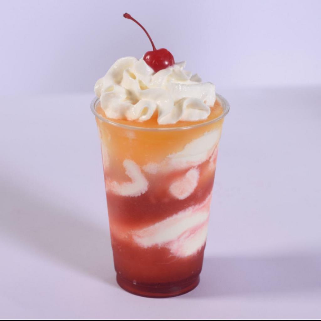 Glacier Twist · Soft-serve vanilla ice cream layered with slush mix, flavored syrup, and topped with whipped cream and a maraschino cherry.