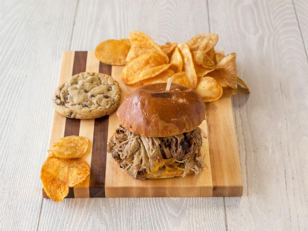 BBQ Pulled Pork Sandwich Box · Our own smoked pulled pork and cheddar cheese on lebus soft roll.