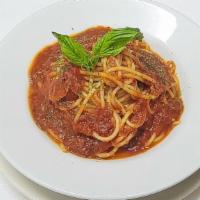 Spaghetti with Marinara Sauce · Spaghetti in a homemade marinara sauce with fresh tomatoes, garlic, basil and herbs. 