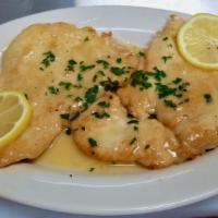 Chicken Piccata · Chicken breast dipped in flour and egg then lightly fried. Served in a sauce made with white...