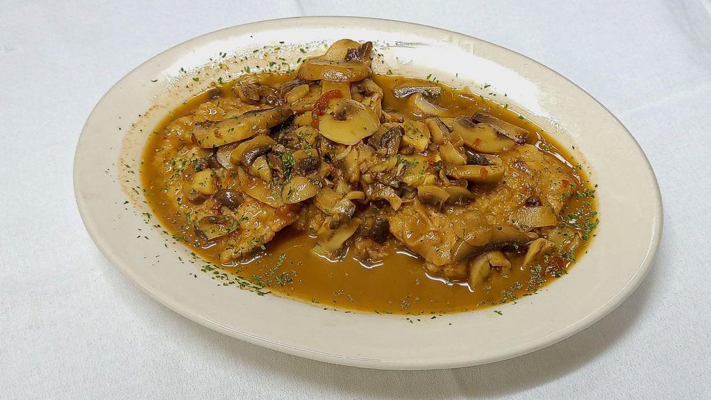 Veal Scaloppine Marsala · Tender veal cutlets, browned in a sauce of butter, Marsala wine and mushrooms. Served with choice of pasta or salad. 