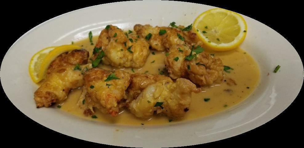 Shrimp Francese · Jumbo shrimp dipped in an egg batter then lightly floured and sauteed in a sauce of white wine, butter, lemons and parsley served with choice of pasta or salad. 