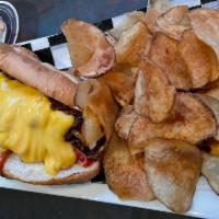 BKLYN Cheesesteak Sandwich · Chopped ribeye, sautéed onions, red peppers and covered with beer cheese served with chips