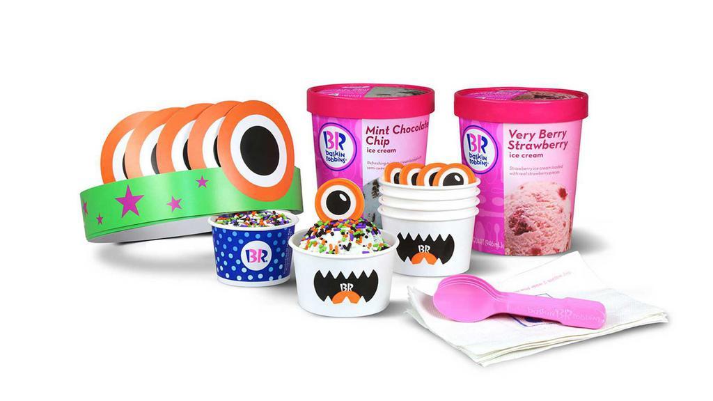 DIY Creature Creations Monster Kit · This kit has everything you need to build creature creations at home. Customize with 2 pre-packed quarts of your favorite ice cream flavors. Includes cups, festive sprinkles, 5 monster eyeball toppers, spoons, napkins and wearable monster crowns, to bring out the inner creature in you.
