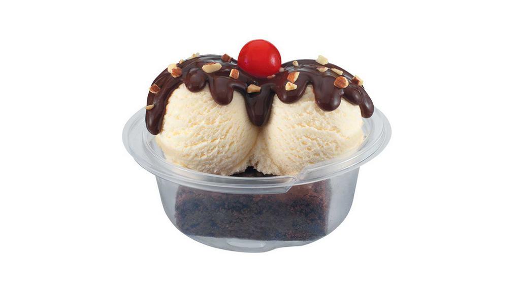 Brownie Sundae · Top off a brownie with 2 of your favorite ice cream flavors, your choice of wet topping, chopped almonds and a cherry. Delivered products will not include whipped cream.