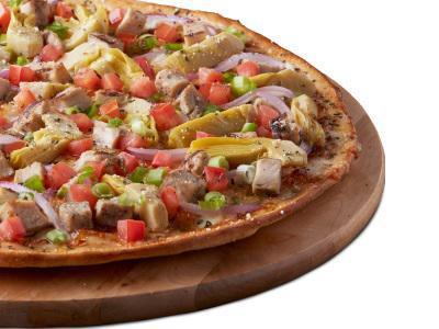 Tuscan Garlic Chicken · Signature Garlic White Sauce on our Tuscany Thin Crust, topped with Mozzarella and Parmesan Cheeses, All-Natural Grilled Chicken, Red Onions, Green Onions, Fresh Roma Tomatoes, Marinated Artichoke Hearts, and Dried Basil.

