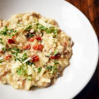 Risotto d’Orge aux Champignons · Barley risotto, porcini, oyster and button mushrooms, mascarpone, parmesan. Vegetarian. Glut...