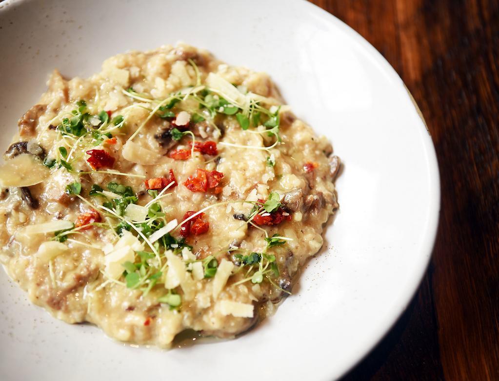Risotto d’Orge aux Champignons · Barley risotto, porcini, oyster and button mushrooms, mascarpone, parmesan. Vegetarian. Gluten Free.