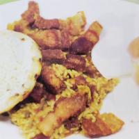 2. Desayuno Nutripan · Eggs any style, mixed rice, beans with pork skin and corn cake.