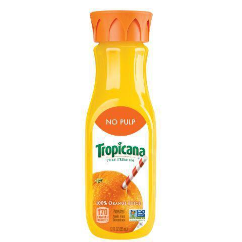 Tropicana Orange Juice, No Pulp 12oz · The perfect combination of taste and nutrition! 100% pure orange juice, squeezed from fresh-picked oranges and never form concentrate.