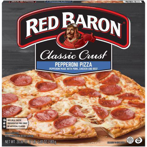 Red Baron Classic Pepperoni Pizza 20oz · RED BARON® CLASSIC CRUST PEPPERONI PIZZA is made with zesty tomato sauce, 100% real cheese, and hearty toppings of pepperoni