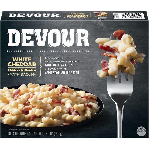 Devour White Cheddar Bacon Mac 12oz · WHITE CHEDDAR MAC & CHEESE WITH BACON Even classics need upgrades. That's why we start with a generous helping of GEMELLI PASTA, and then a super creamy sauce of WHITE CHEDDAR CHEESE with hearty pieces of crispy APPLEWOOD SMOKED BACON