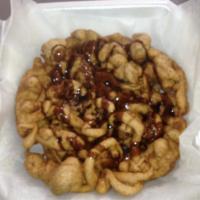 Chocolate Flavored Funnel Cake · Comes with powder sugar & chocolate syrup