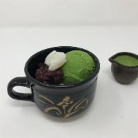Matcha Affogato · Matcha and vanilla iced cream with mochi azuki (red bean).