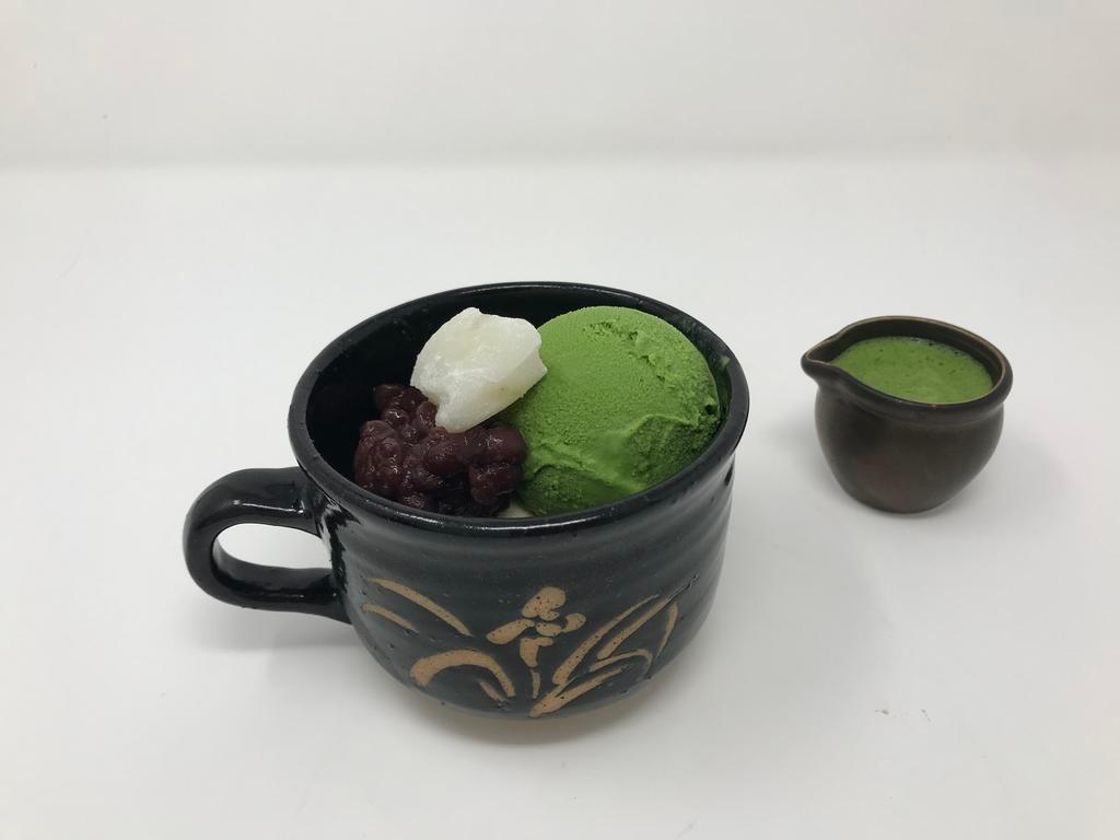 Matcha Affogato · Matcha and vanilla iced cream with mochi azuki (red bean).