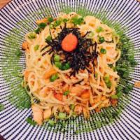 Salmon Mentai Yaki-Soba · Pan-fried soba noodles with cooked salmon in cod roe cream sauce and matcha powder. Healthy ...