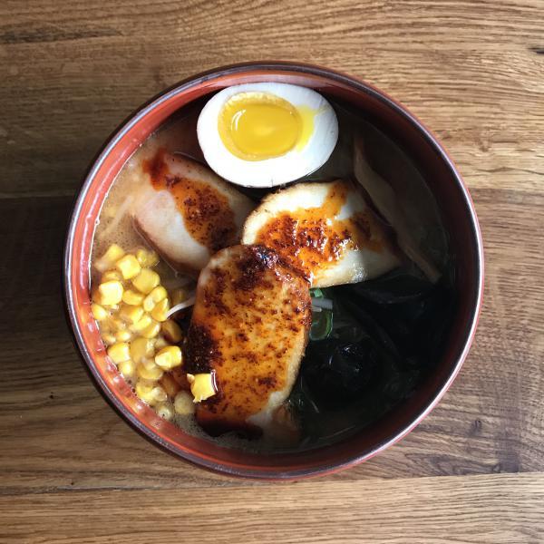 Tori Kara Miso Chicken *Popular* · Spicy miso base chicken broth, topped with Chicken chashu, egg, bamboo shoots, kikurage, corn, scallion, and special chilli oil.