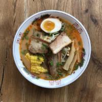 R4_Spicy Miso Ramen*Popular* · Spicy pork broth with miso, topped with bean sprouts, corn, egg, chashu pork, bamboo shoots,...