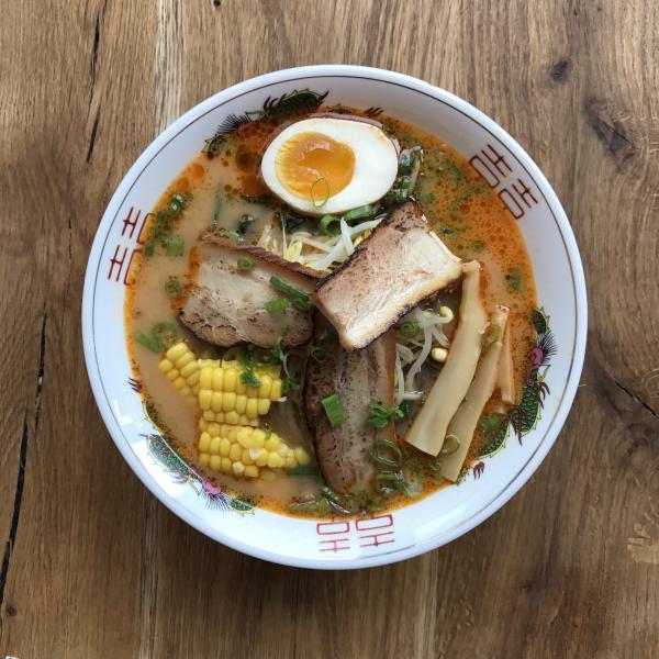 R4_Spicy Miso Ramen*Popular* · Spicy pork broth with miso, topped with bean sprouts, corn, egg, chashu pork, bamboo shoots, and scallion. Spicy.