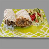 Carne Asada Burrito · Grilled skirt steak. Flour tortilla filled with rice, pinto beans, sour cream and cheese.