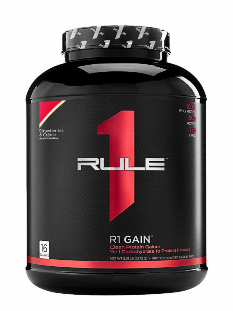 Rule 1 Gain · Mass Gainer

50 grams of protein per serving
Whey protein isolate - primary protein source
70 grams of net carbs, 11 grams BCAAs
1.5:1 Carb to protein ratio with zero creamers