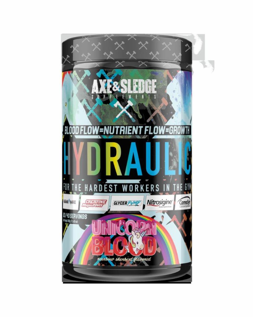 Axe and Sledge Hydraulic · Hydraulic:
 A PRE-WORKOUT FORMULA FREE OF ANY STIMULANTS THAT YOU CAN ACTUALLY FEEL! GET THE BLOOD COURSING THROUGH YOUR VEINS AND A WARM SENSATION DRIVEN TO THE BODY PART YOU ARE WORKING!
-5 Trademark Ingriendients!