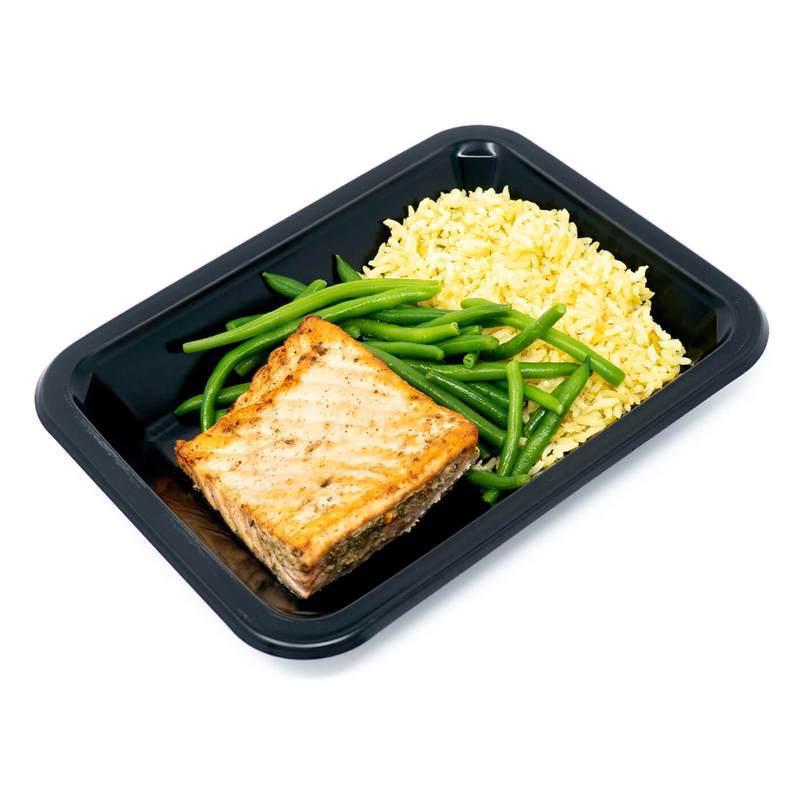 Salmon, Saffron Rice & Green Beans · USDA CERTIFIED & CRYOVAC SEALED.
Fresh, herb-marinated & seared salmon paired perfectly with our signature saffron rice and tasty green beans.

270 CALORIES
25g PROTEIN
26g CARBS
7g FATS
1g FIBER