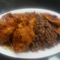 Fricase de Pollo/Chicken Fricassee · Served with rice, beans, and sweet plantains. Servido con arroz, frijoles y maduros.