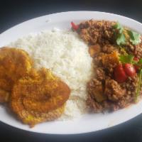 Picadillo / Ground Beef · Served with rice, beans and sweet plantains/ Servido con arroz. frijoles y maduros fritos
