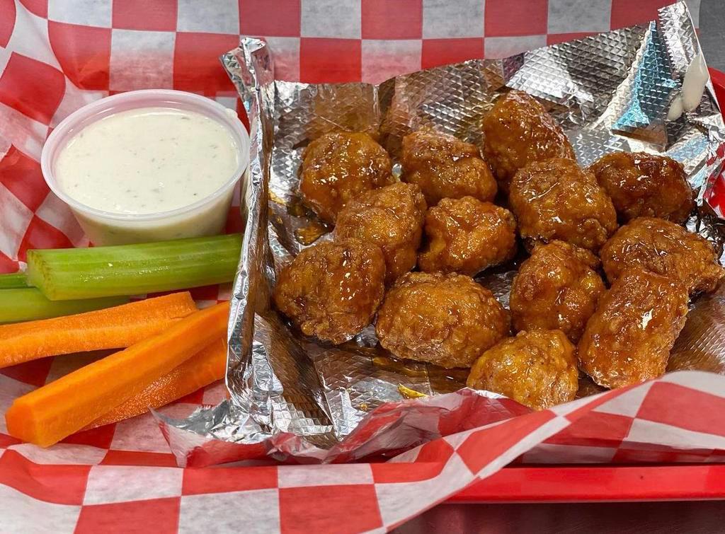 Boneless Wings · Boneless chicken with your choice of sauce. Served with blue cheese and celery.