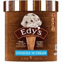 Edys Cookies N Cream 1.5 Quart · Creamy vanilla ice cream with crunchy cream-filled chocolate sandwich cookies;  Made with re...