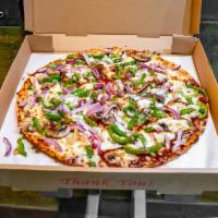 BBQ Chicken Pizza · BBQ sauce, grilled chicken strips, mushrooms, red onions and green peppers.