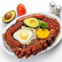 3. Colombian Typical Platter · Comes with rice, beans, steak, avocado, chicharron (pork strip, chorizo (sausage), fried egg...