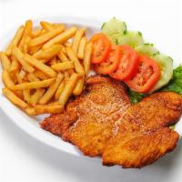 4. Breaded Chicken Breast · Comes with french fries, rice and beans and small house salad.