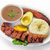 6. Beans Platter · Comes with rice, beans, avocado, sweet plantain, pork strip (chicharron) and small corn patty.