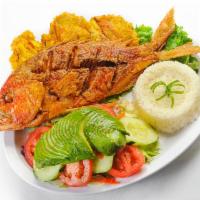 Fried Red Snapper · Served with rice, salad and fried plantain. 