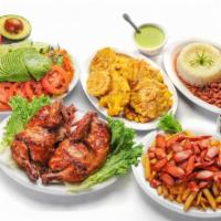 Rico Rico Combo (Serves 4) · Whole chicken, avocado salad, rice and beans, fried hot dog with french fries and fried plan...