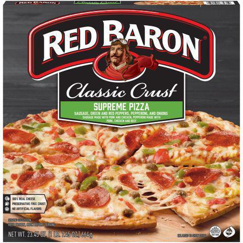 Red Baron Classic Supreme Pizza 23oz · RED BARON® CLASSIC CRUST SUPREME PIZZA is made with zesty tomato sauce, 100% real cheese, and hearty toppings of delicious sausage, green and red peppers, pepperoni, and onions